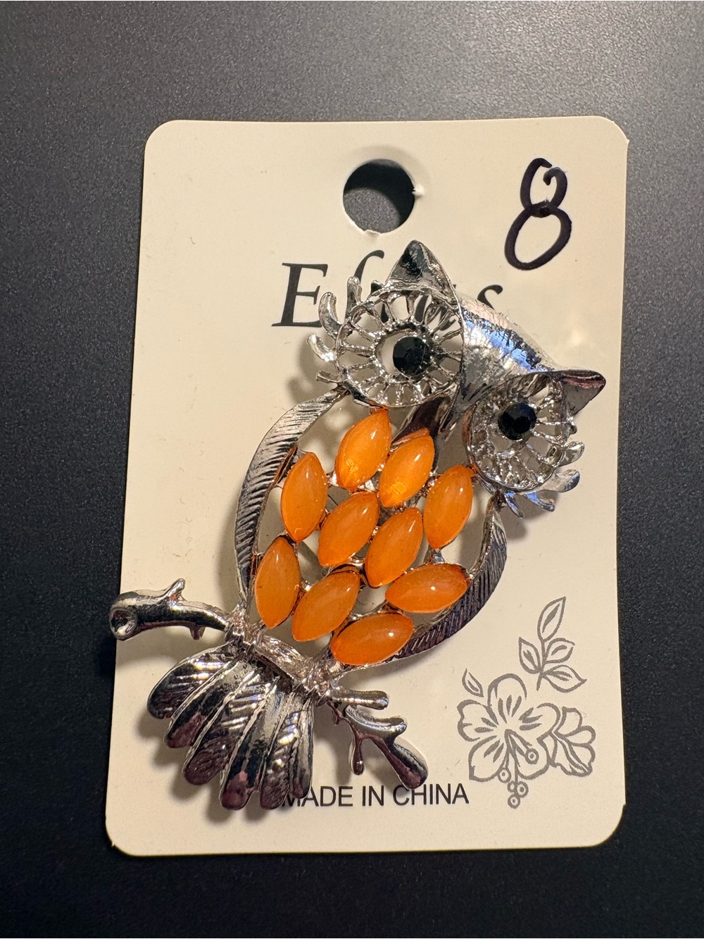 Silver Owl Brooch with Bright Orange Gem Body